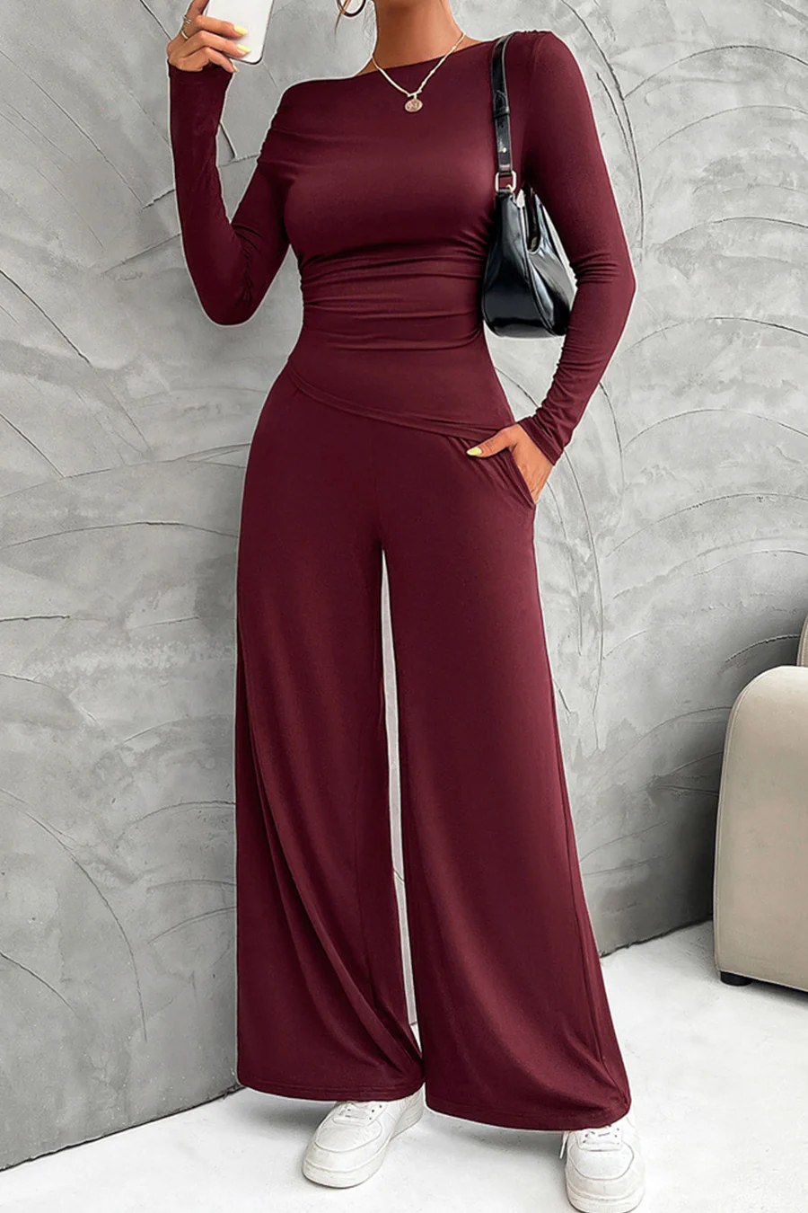 Drop Shoulder Tops Wide Leg Pants Sets