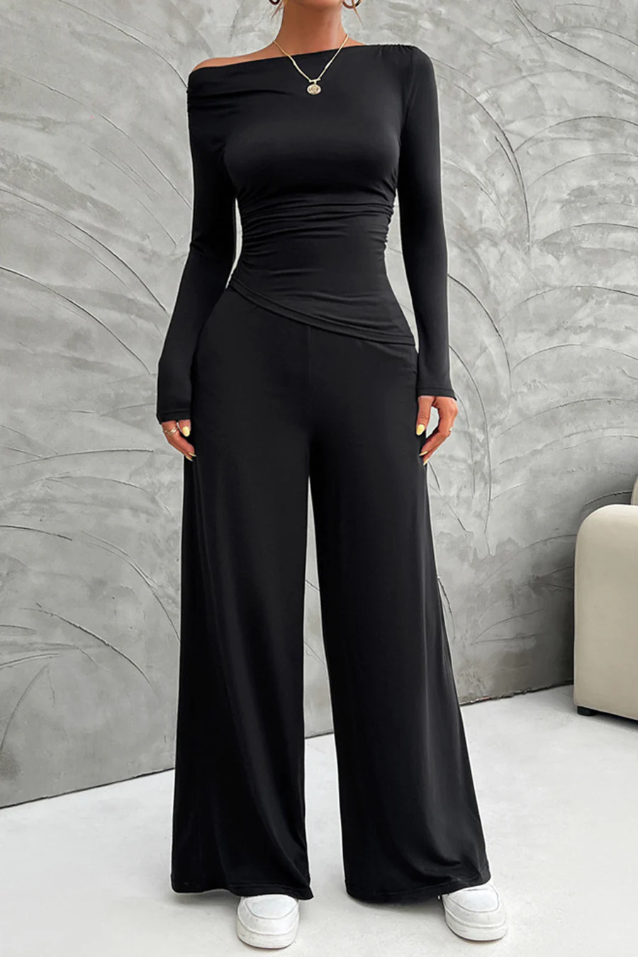 Drop Shoulder Tops Wide Leg Pants Sets