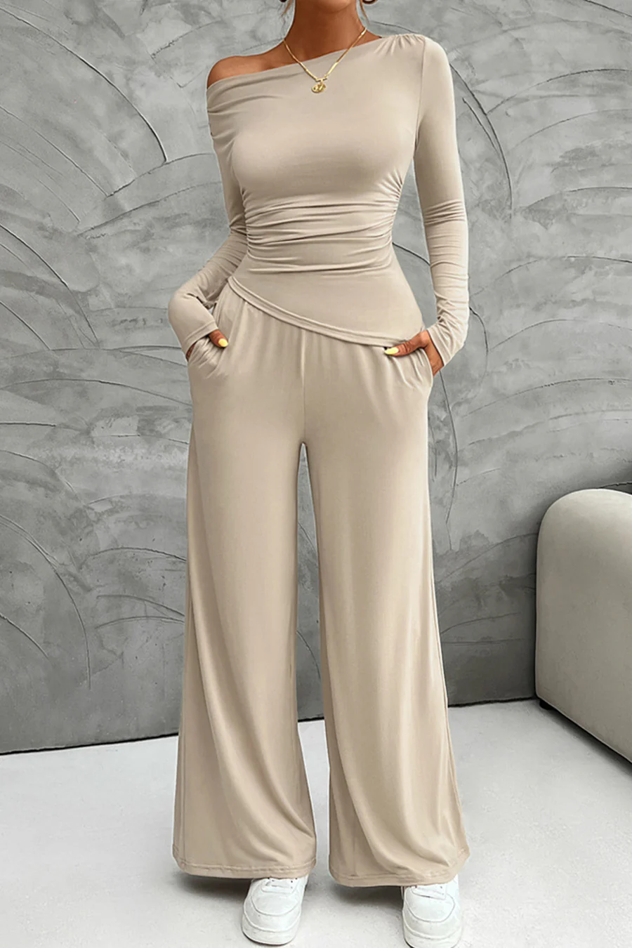 Drop Shoulder Tops Wide Leg Pants Sets