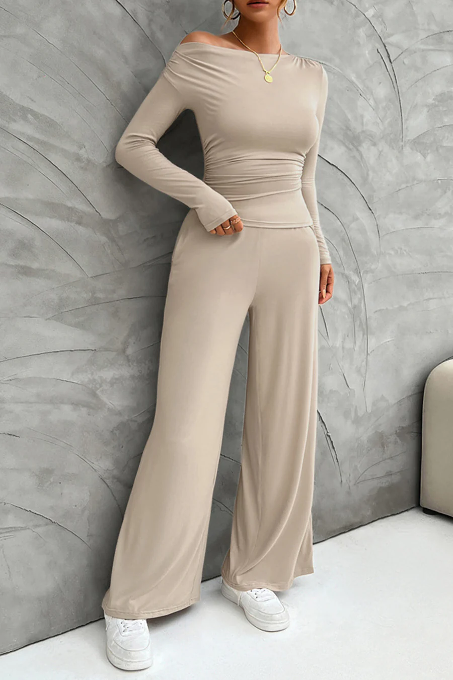 Drop Shoulder Tops Wide Leg Pants Sets