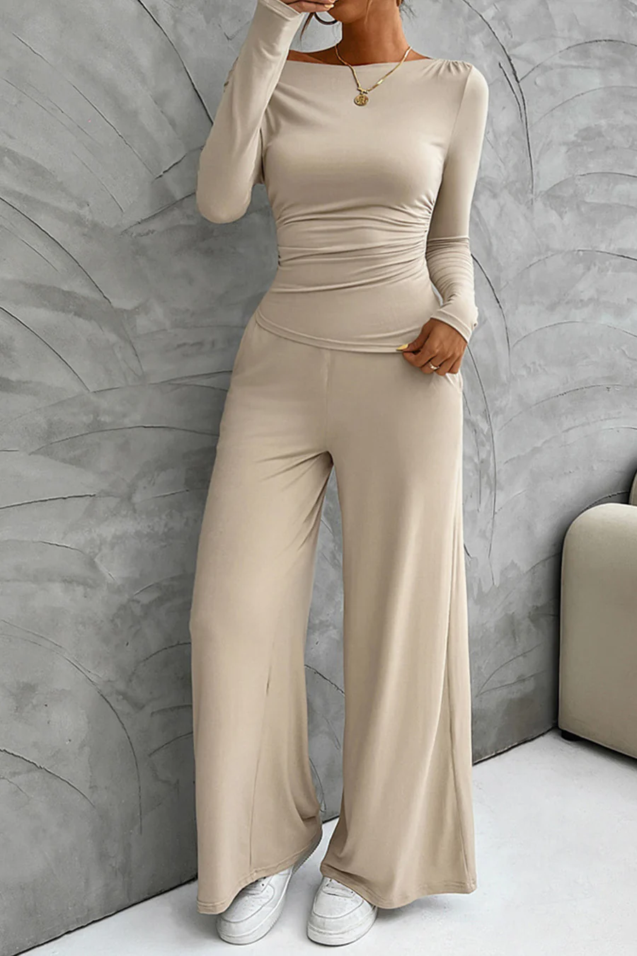 Drop Shoulder Tops Wide Leg Pants Sets