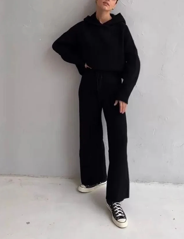 Two-piece Solid Color Hooded Sweater Sets