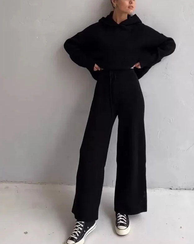 Two-piece Solid Color Hooded Sweater Sets