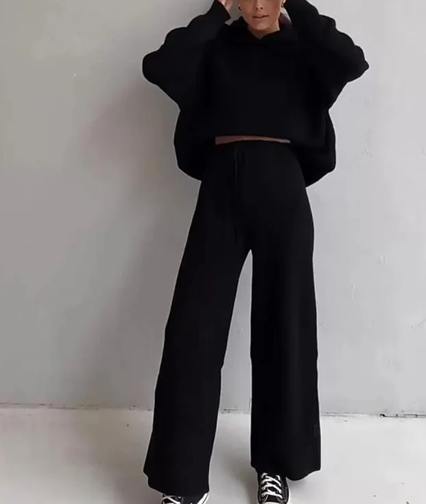 Two-piece Solid Color Hooded Sweater Sets