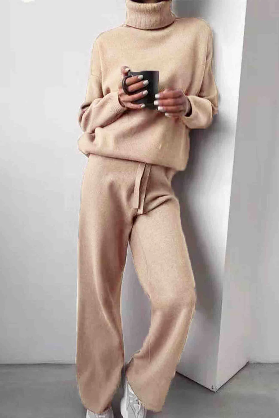 Solid Turtleneck Long Sleeve Long Pant Knitted Sets