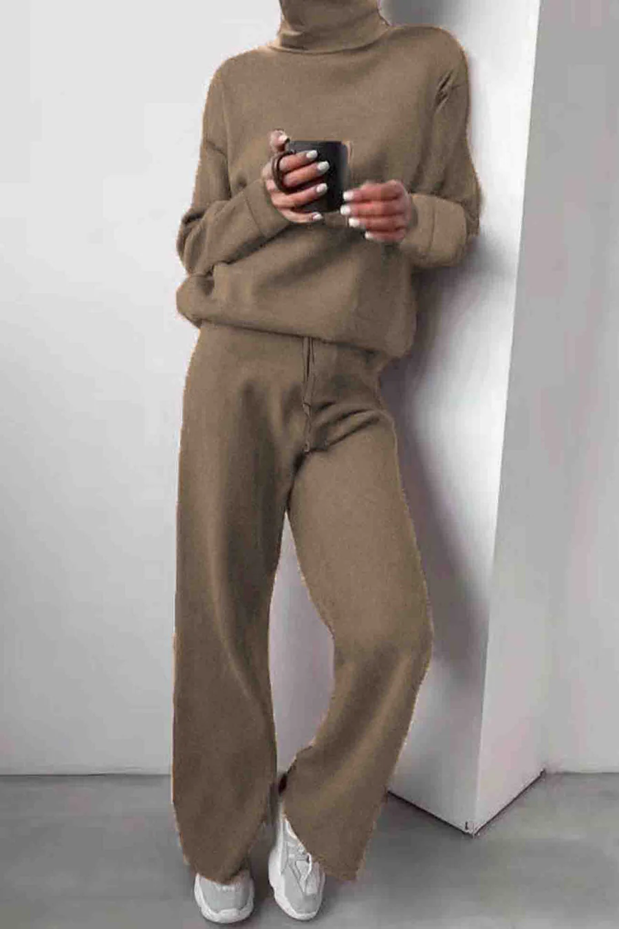 Solid Turtleneck Long Sleeve Long Pant Knitted Sets