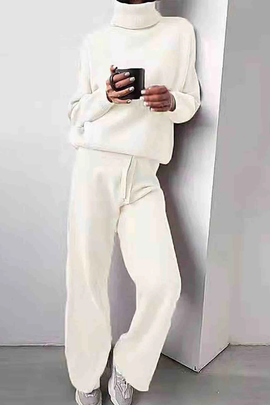 Solid Turtleneck Long Sleeve Long Pant Knitted Sets