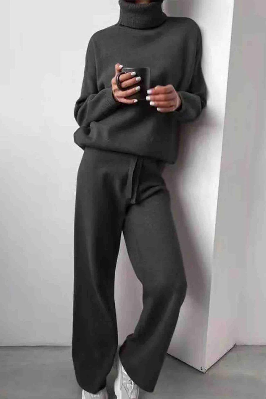 Solid Turtleneck Long Sleeve Long Pant Knitted Sets