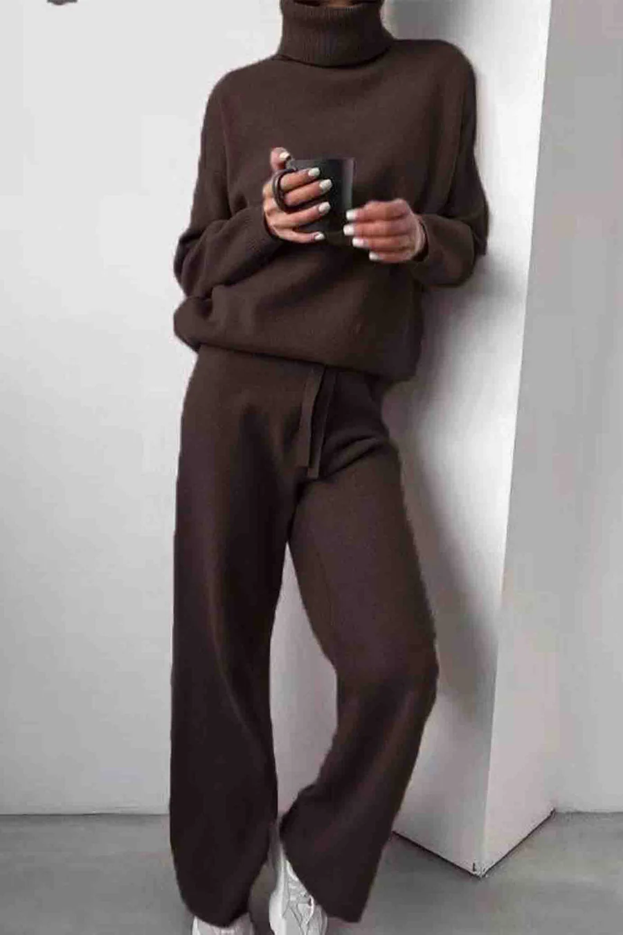 Solid Turtleneck Long Sleeve Long Pant Knitted Sets