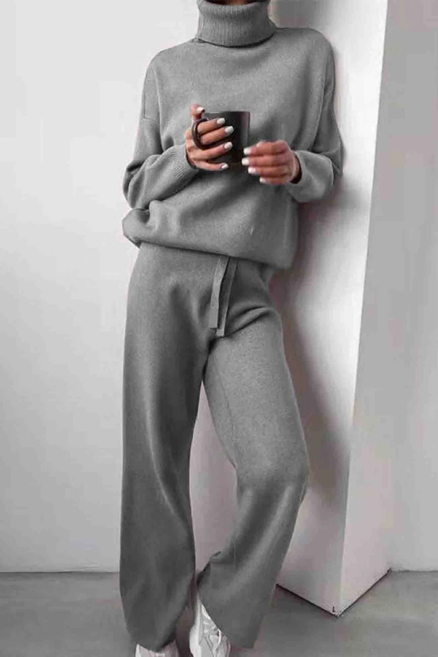 Solid Turtleneck Long Sleeve Long Pant Knitted Sets