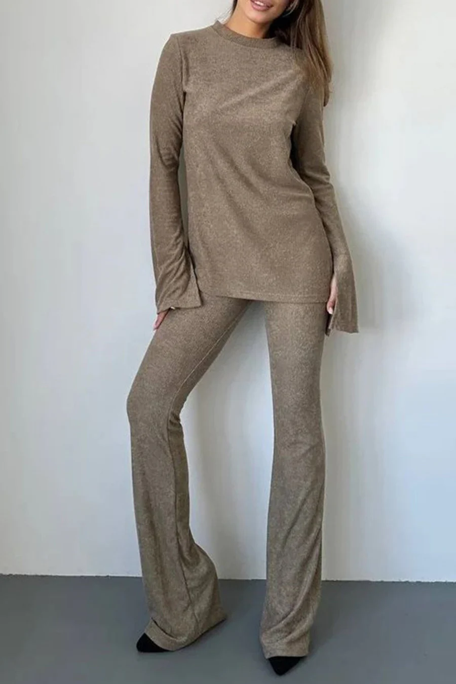 Solid Flare Sleeve Knit Tops Long Pants Sets