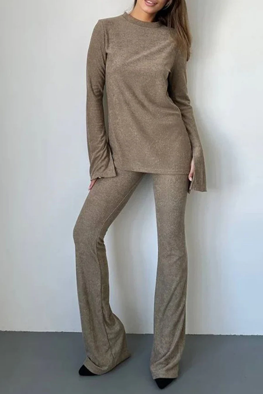 Solid Flare Sleeve Knit Tops Long Pants Sets