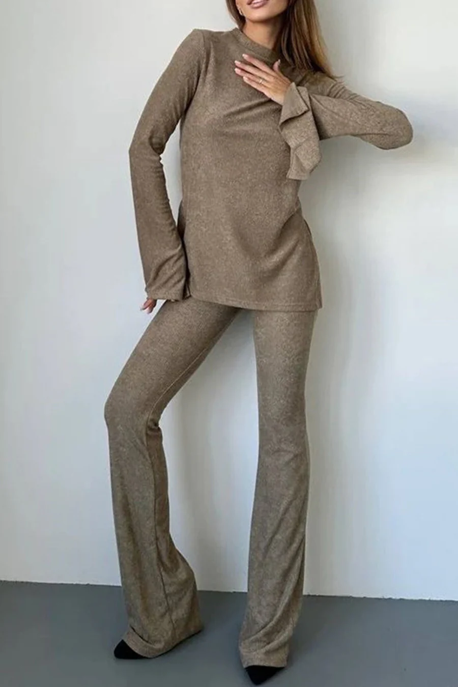 Solid Flare Sleeve Knit Tops Long Pants Sets