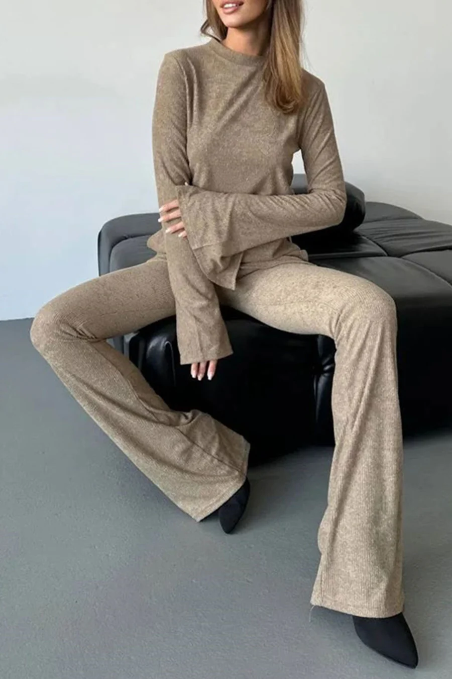 Solid Flare Sleeve Knit Tops Long Pants Sets