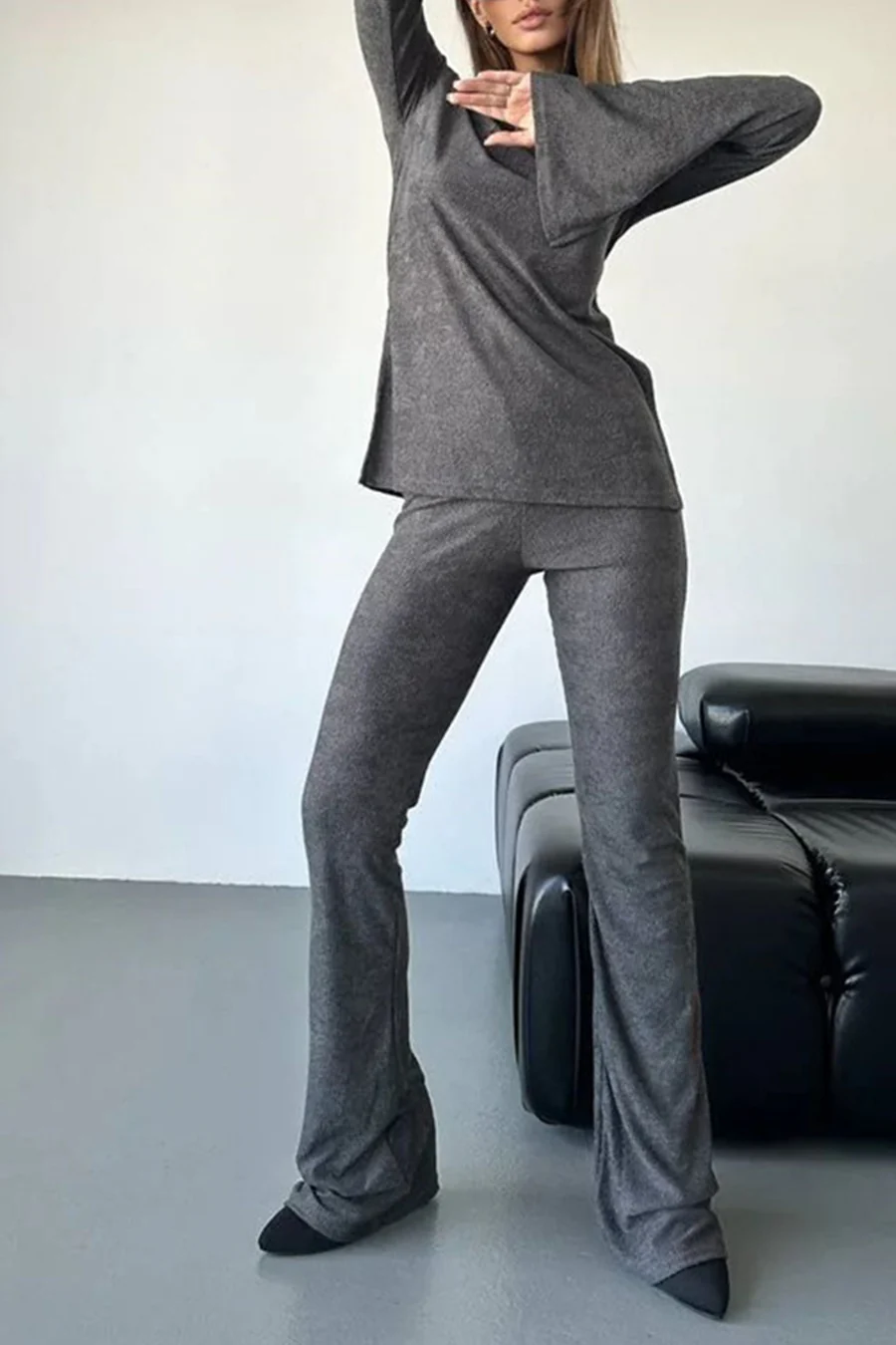 Solid Flare Sleeve Knit Tops Long Pants Sets
