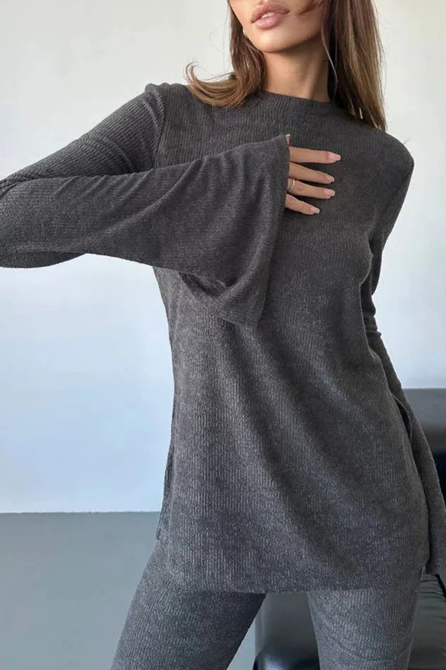 Solid Flare Sleeve Knit Tops Long Pants Sets