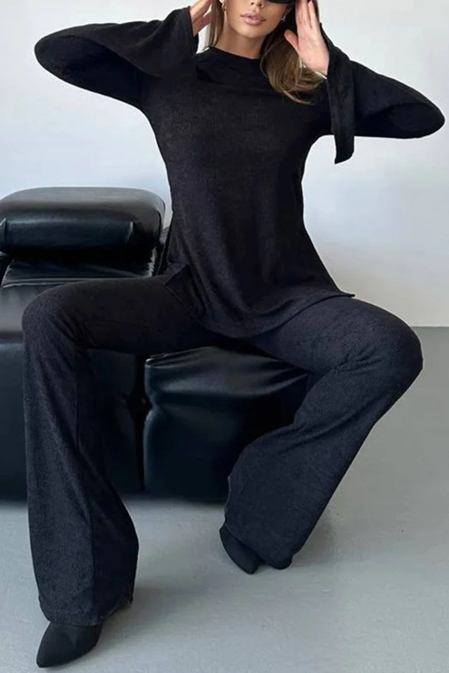 Solid Flare Sleeve Knit Tops Long Pants Sets