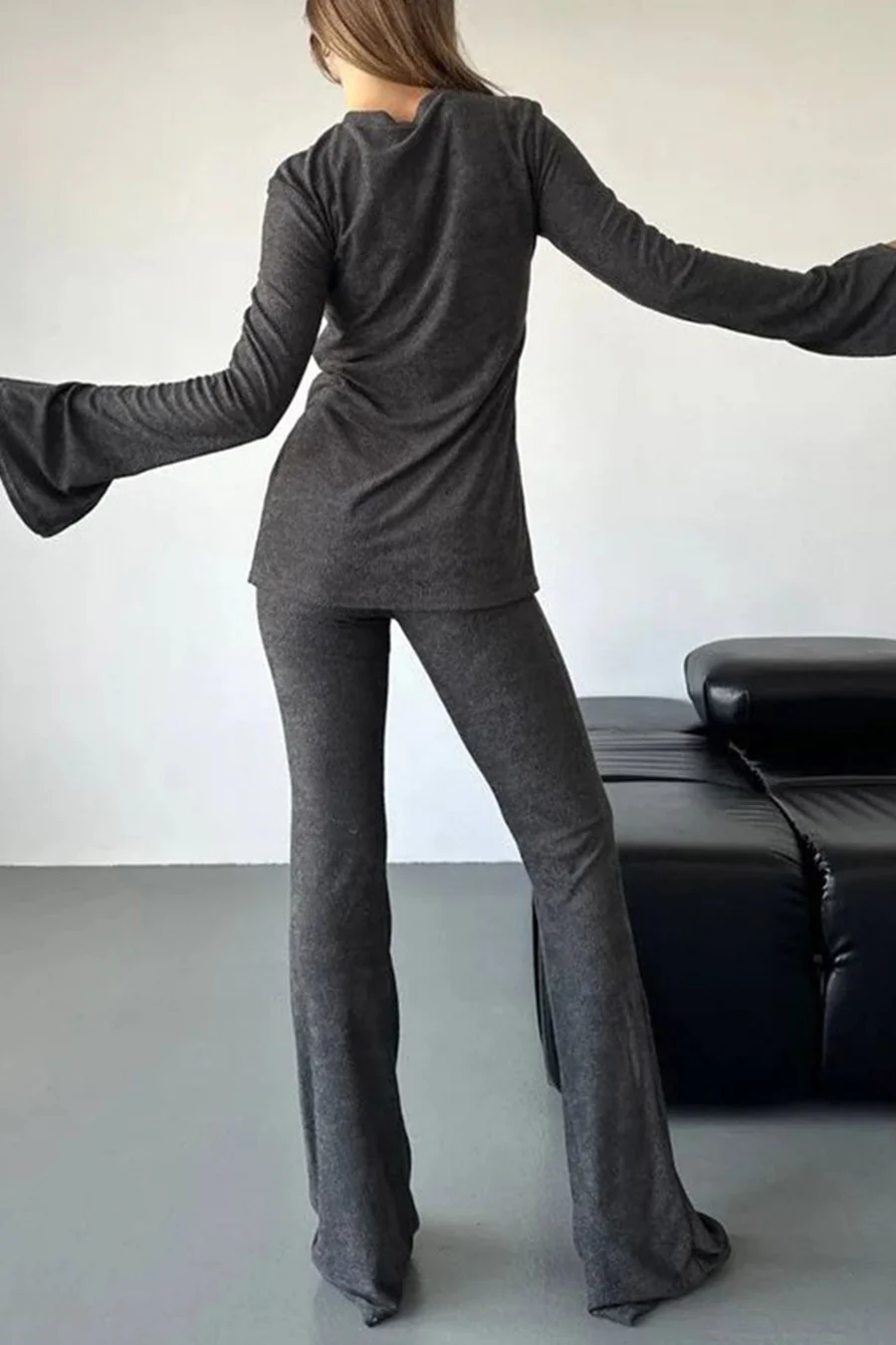 Solid Flare Sleeve Knit Tops Long Pants Sets