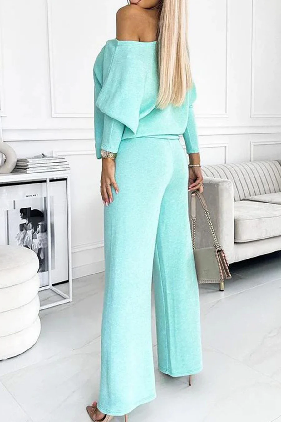 Solid Drop Shoulder Pullover Pants Sets