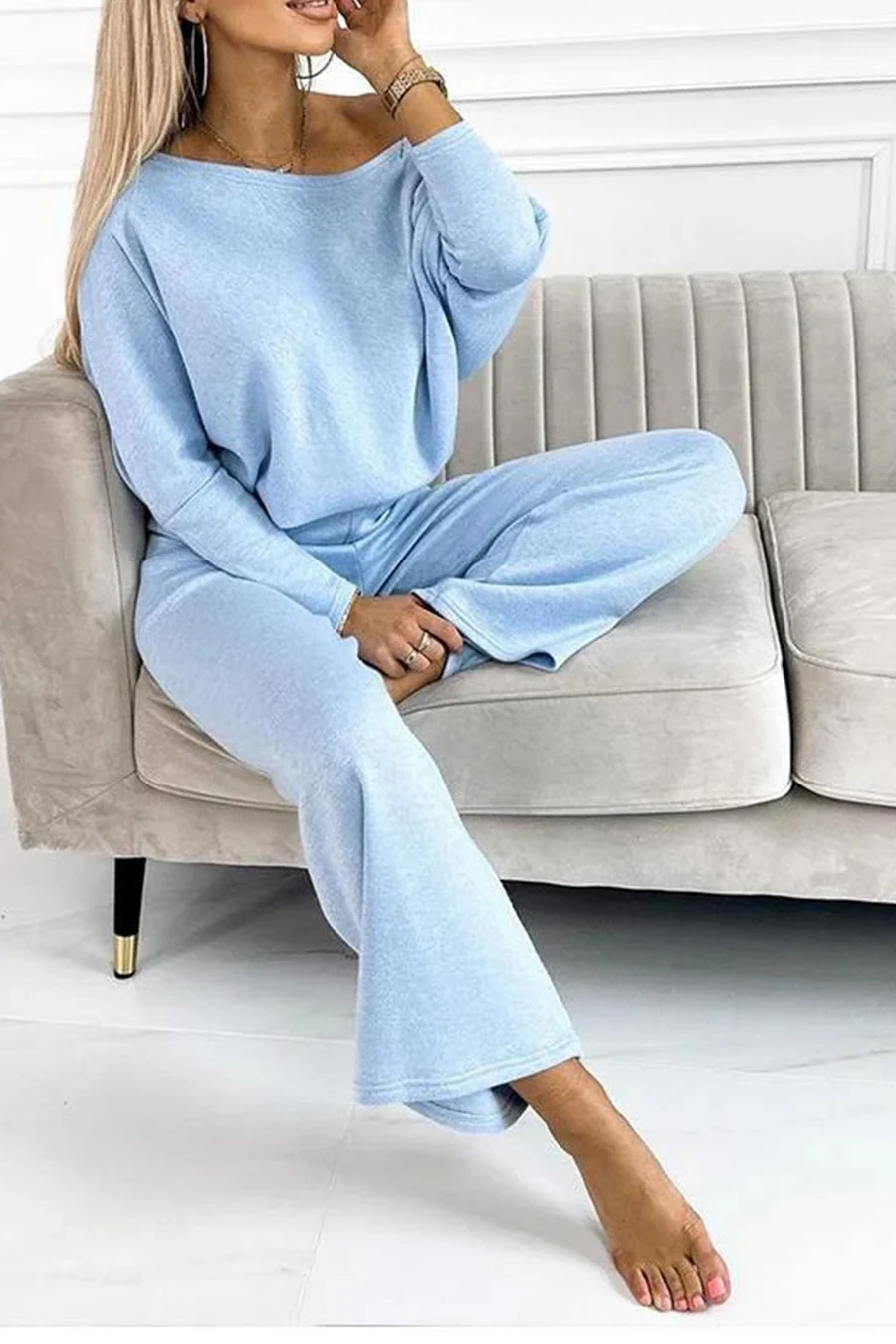 Solid Drop Shoulder Pullover Pants Sets