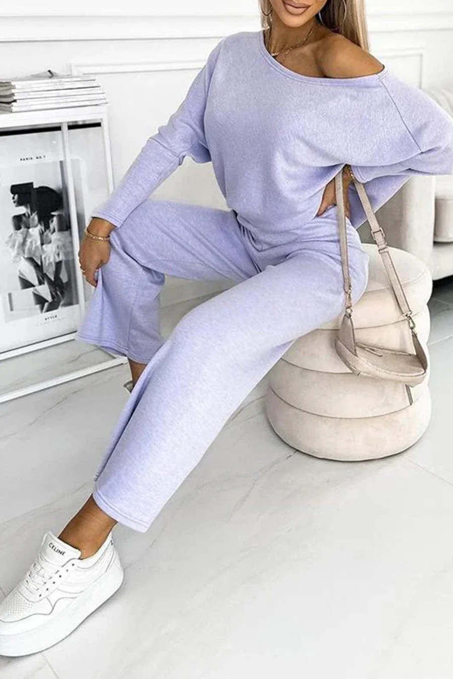 Solid Drop Shoulder Pullover Pants Sets