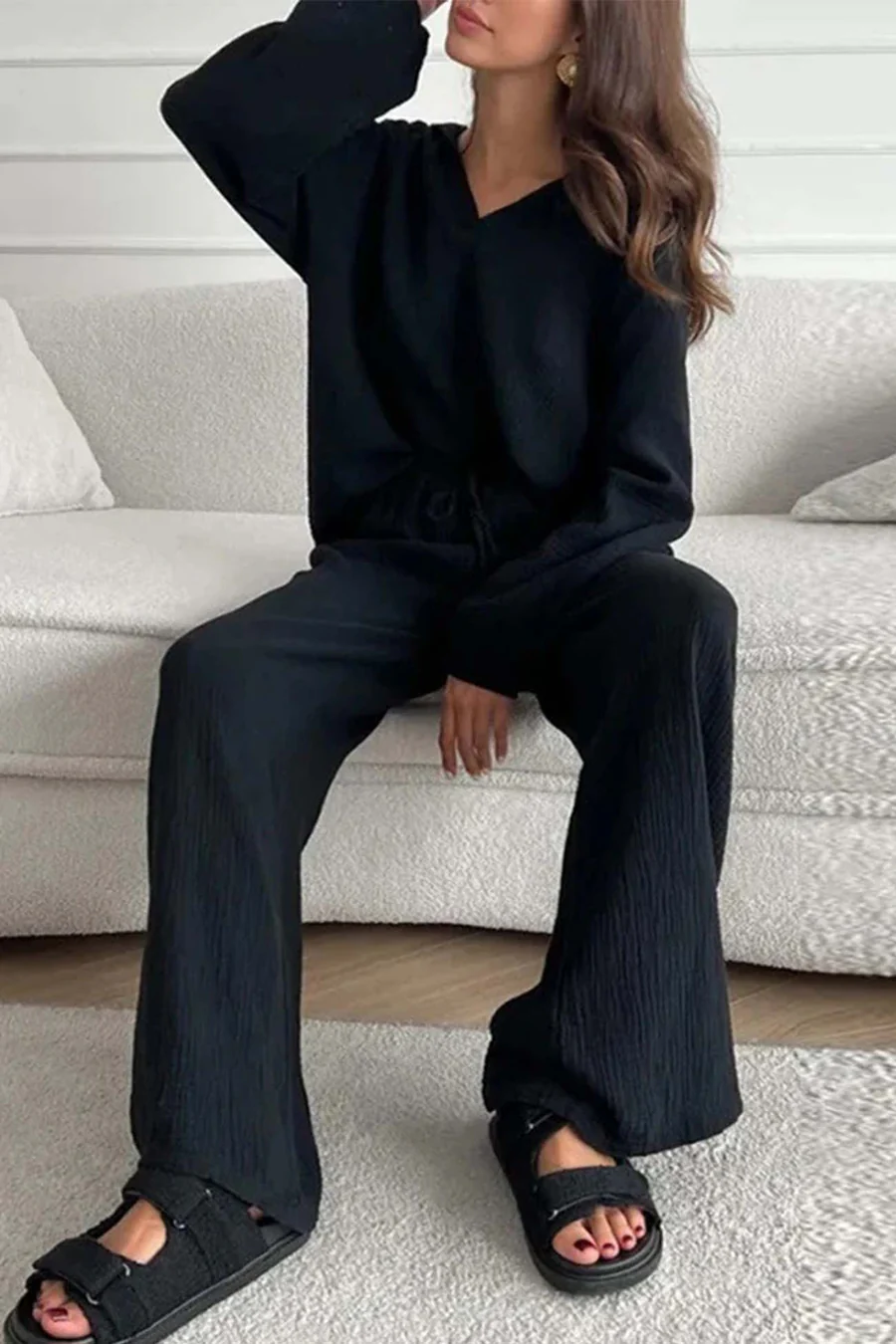 Lapel Drawstring Wide Leg Pants Two-piece Sets