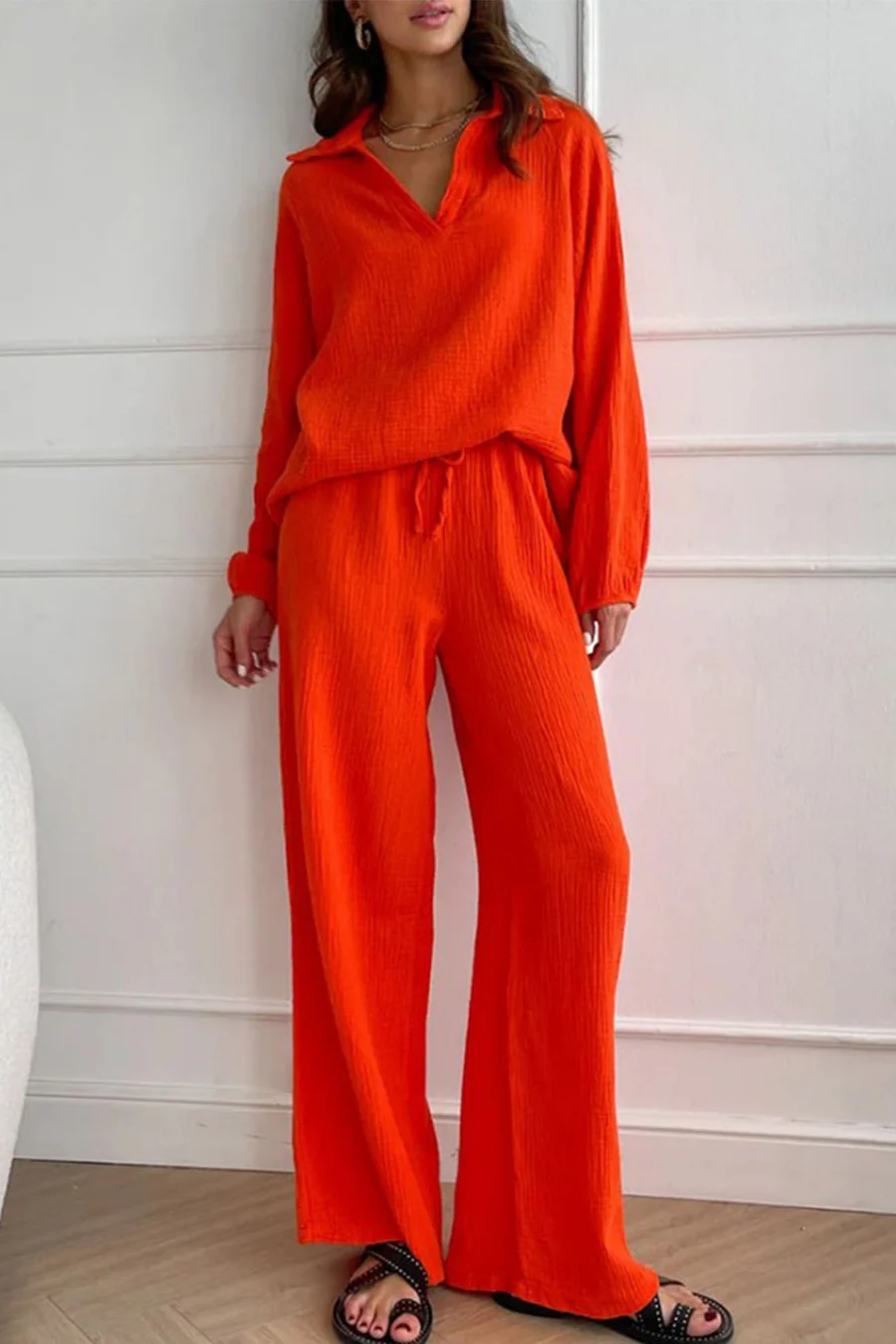 Lapel Drawstring Wide Leg Pants Two-piece Sets