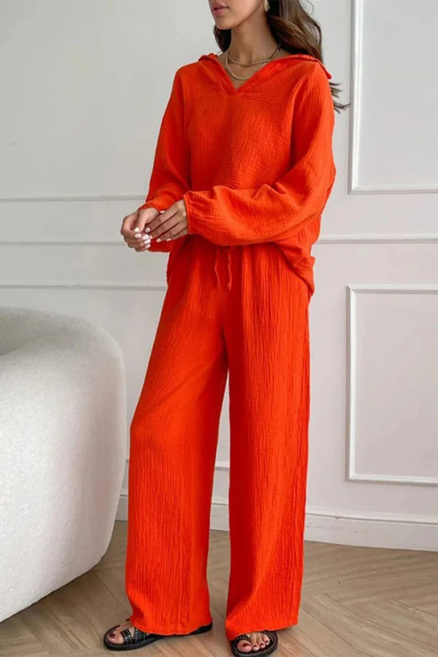 Lapel Drawstring Wide Leg Pants Two-piece Sets