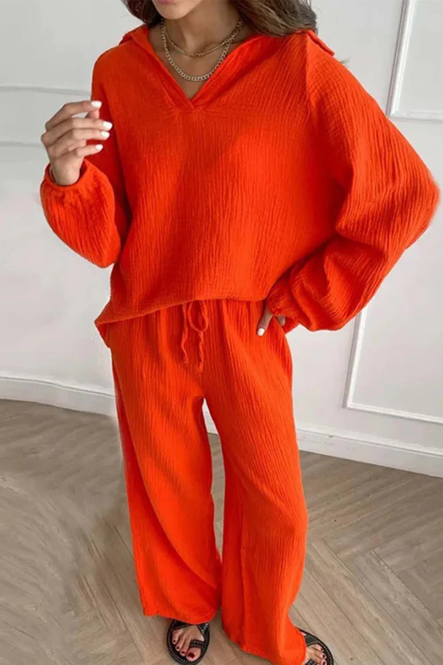 Lapel Drawstring Wide Leg Pants Two-piece Sets