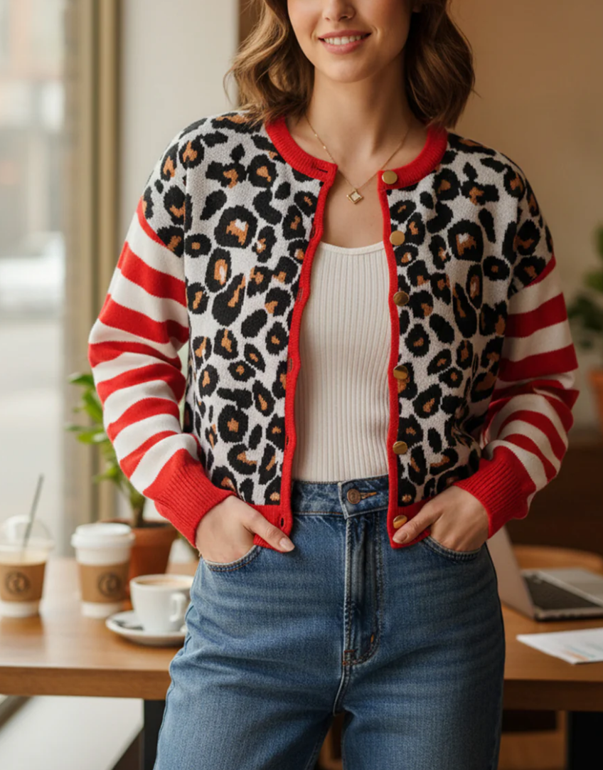 Leopard Striped Sleeve Patchwork Cardigans