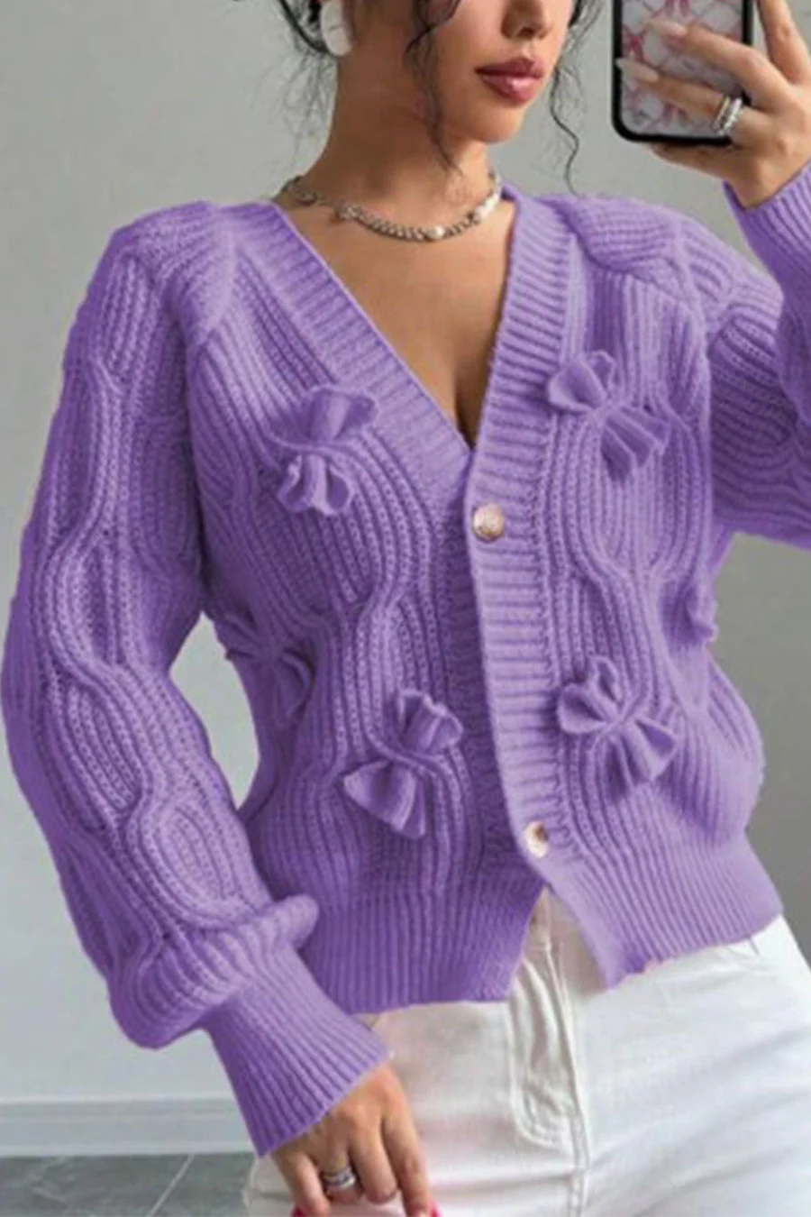 Bow Lantern Sleeve Button-down Cardigans