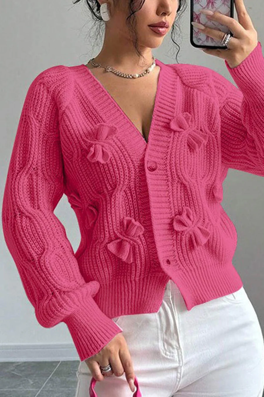 Bow Lantern Sleeve Button-down Cardigans