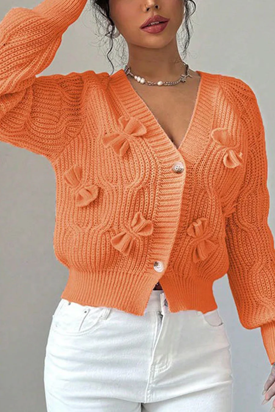 Bow Lantern Sleeve Button-down Cardigans