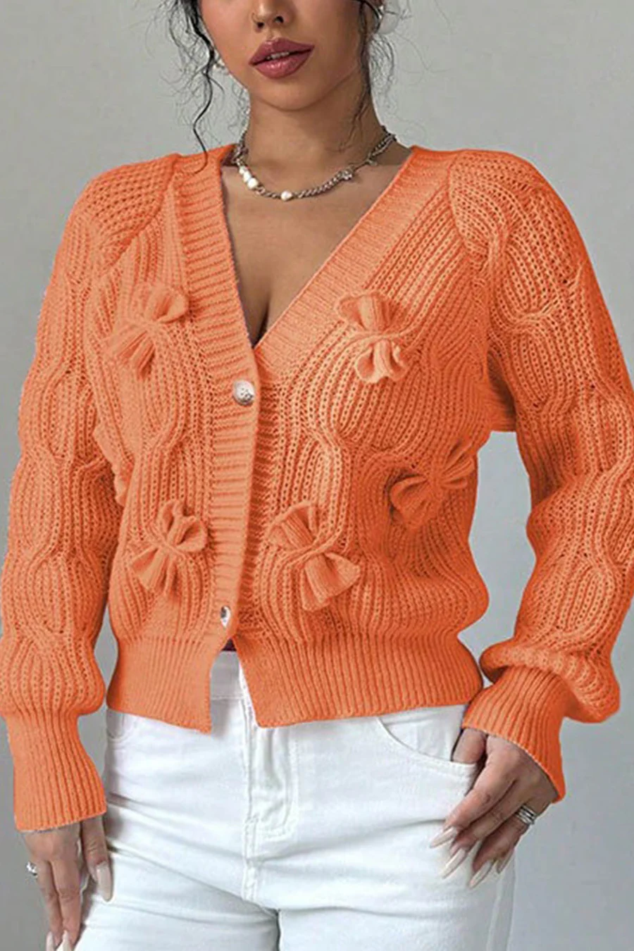 Bow Lantern Sleeve Button-down Cardigans