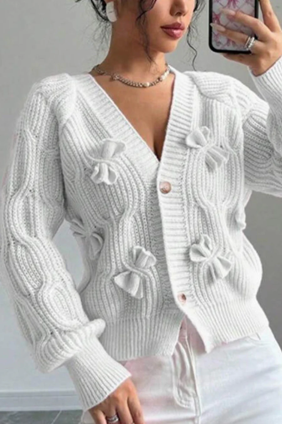 Bow Lantern Sleeve Button-down Cardigans