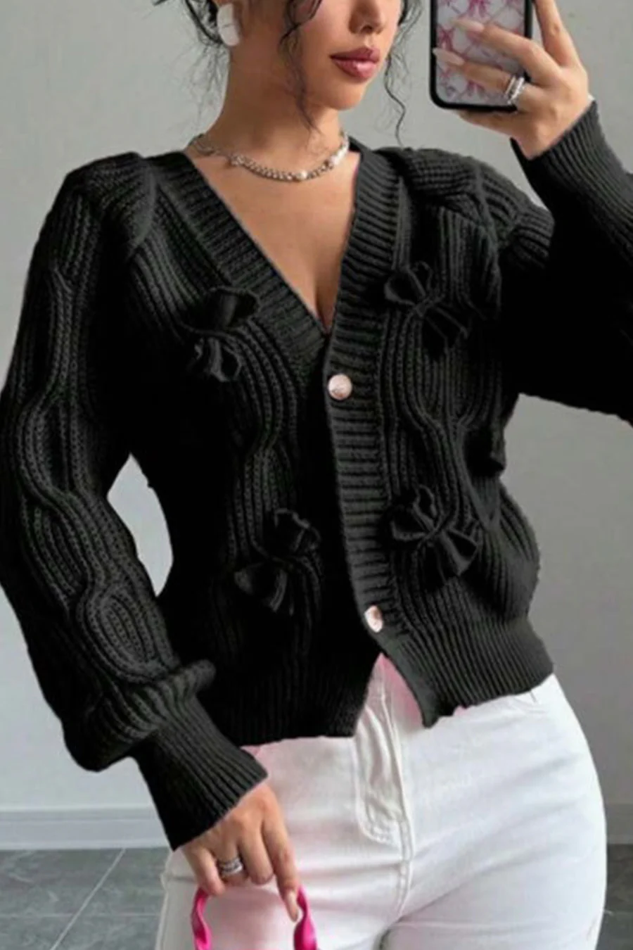 Bow Lantern Sleeve Button-down Cardigans