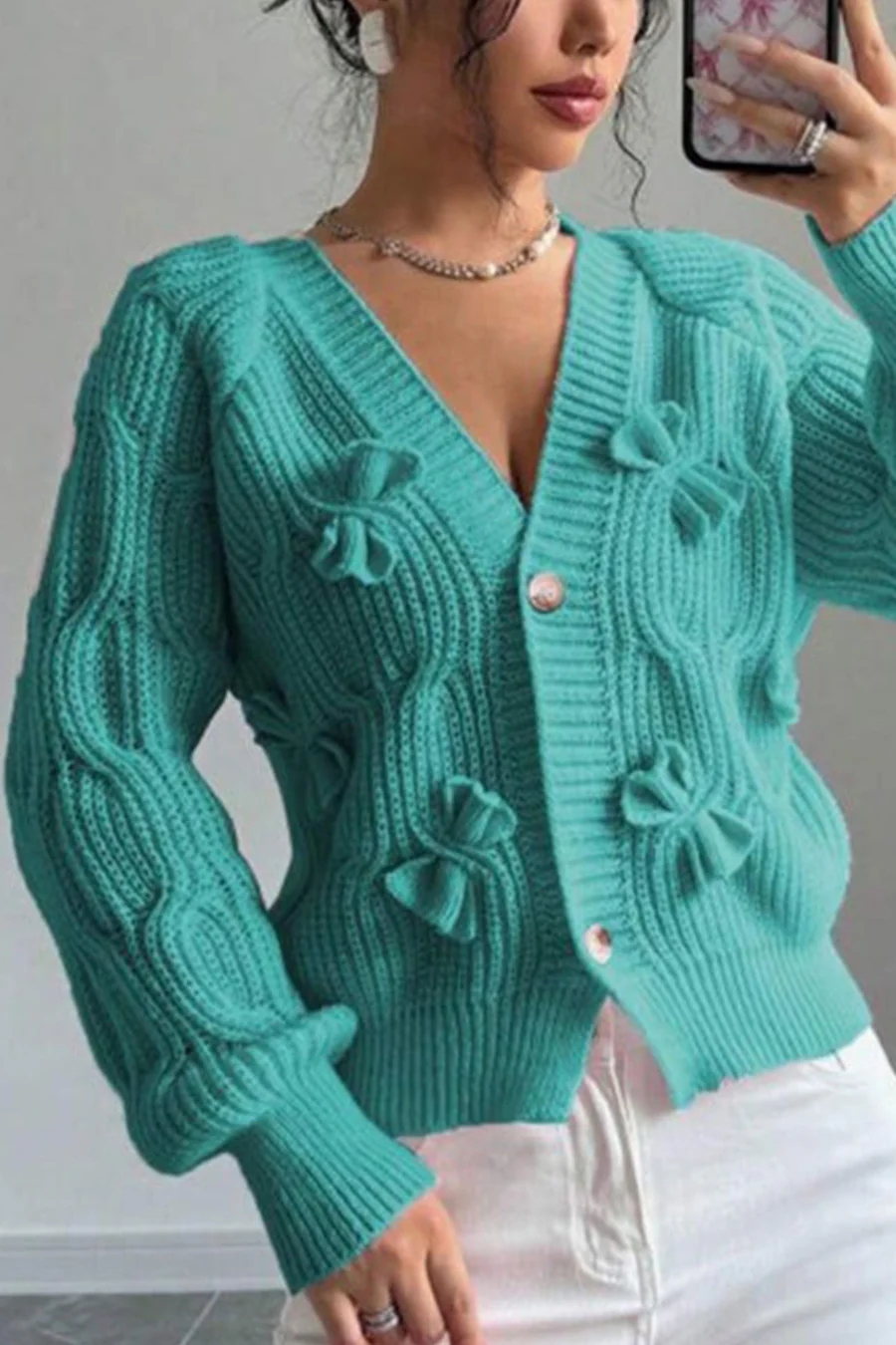 Bow Lantern Sleeve Button-down Cardigans