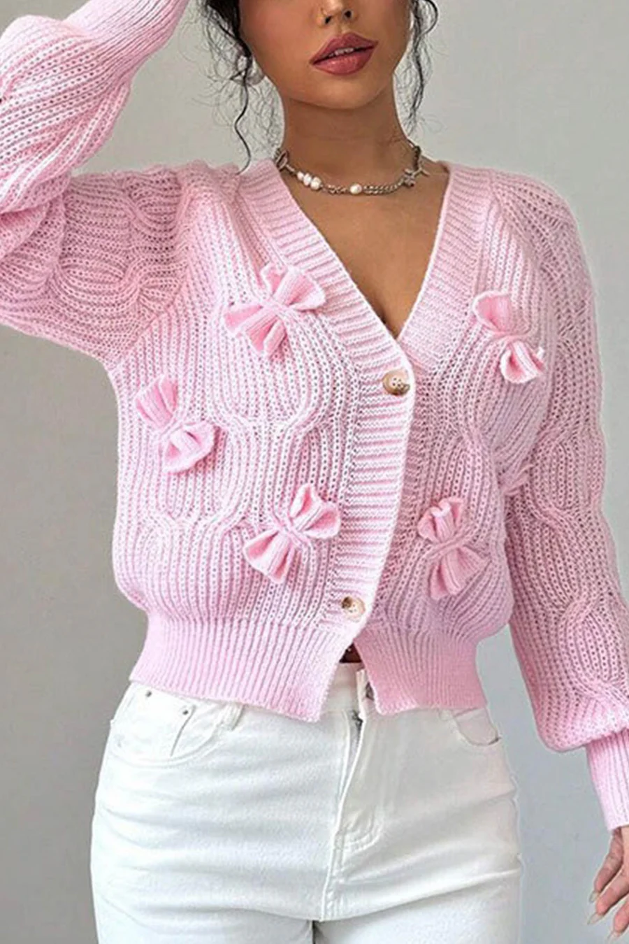 Bow Lantern Sleeve Button-down Cardigans