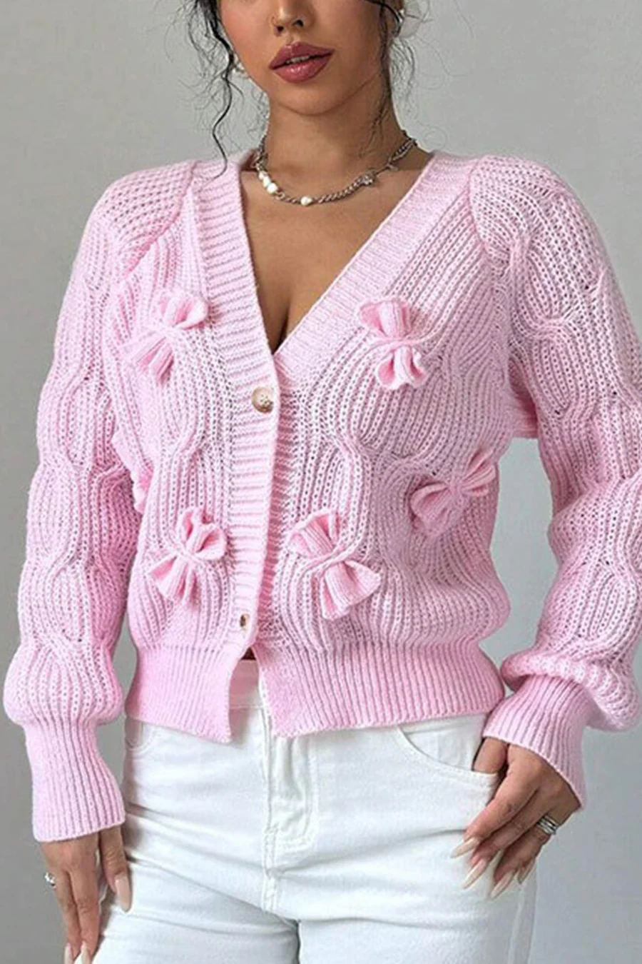 Bow Lantern Sleeve Button-down Cardigans