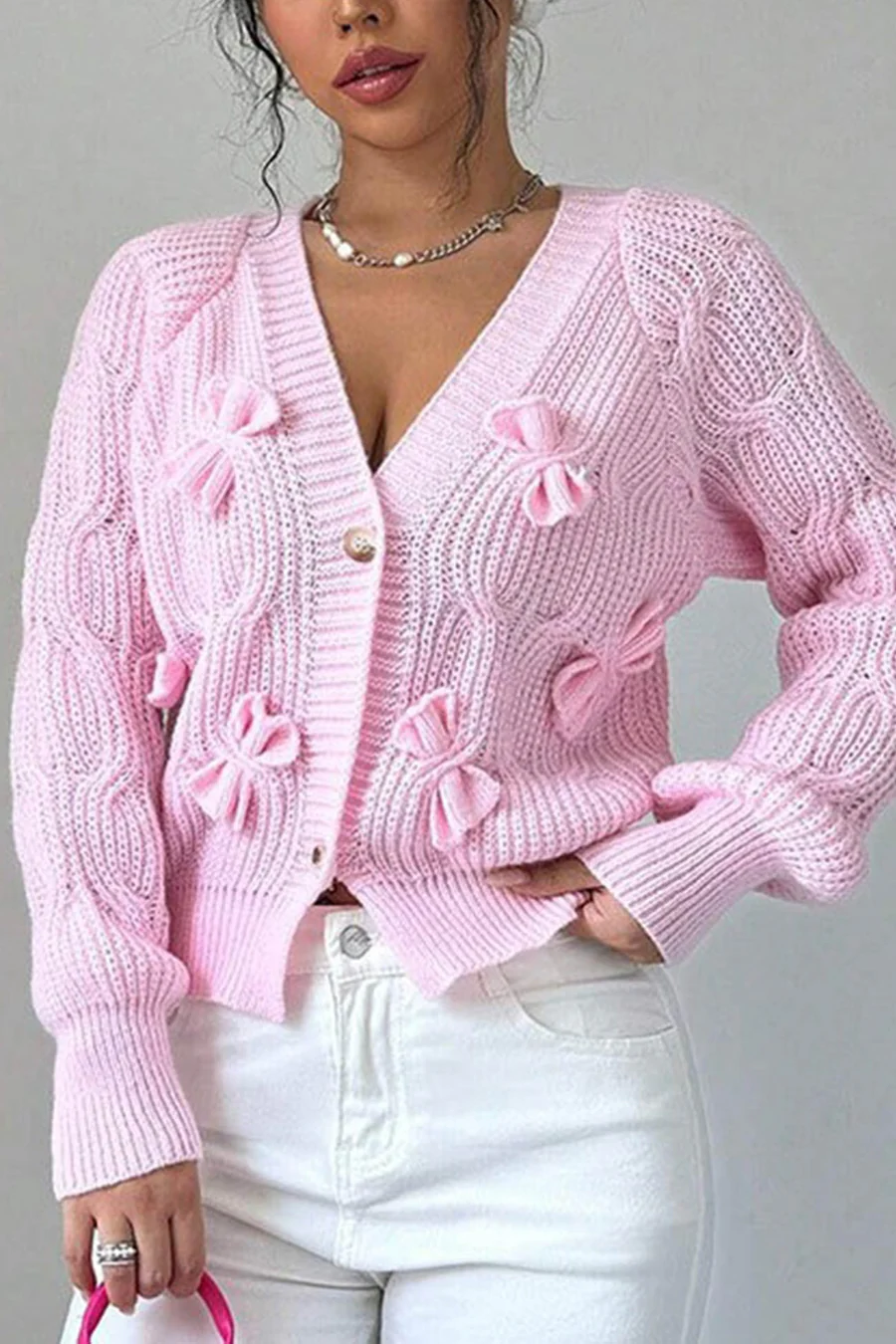 Bow Lantern Sleeve Button-down Cardigans