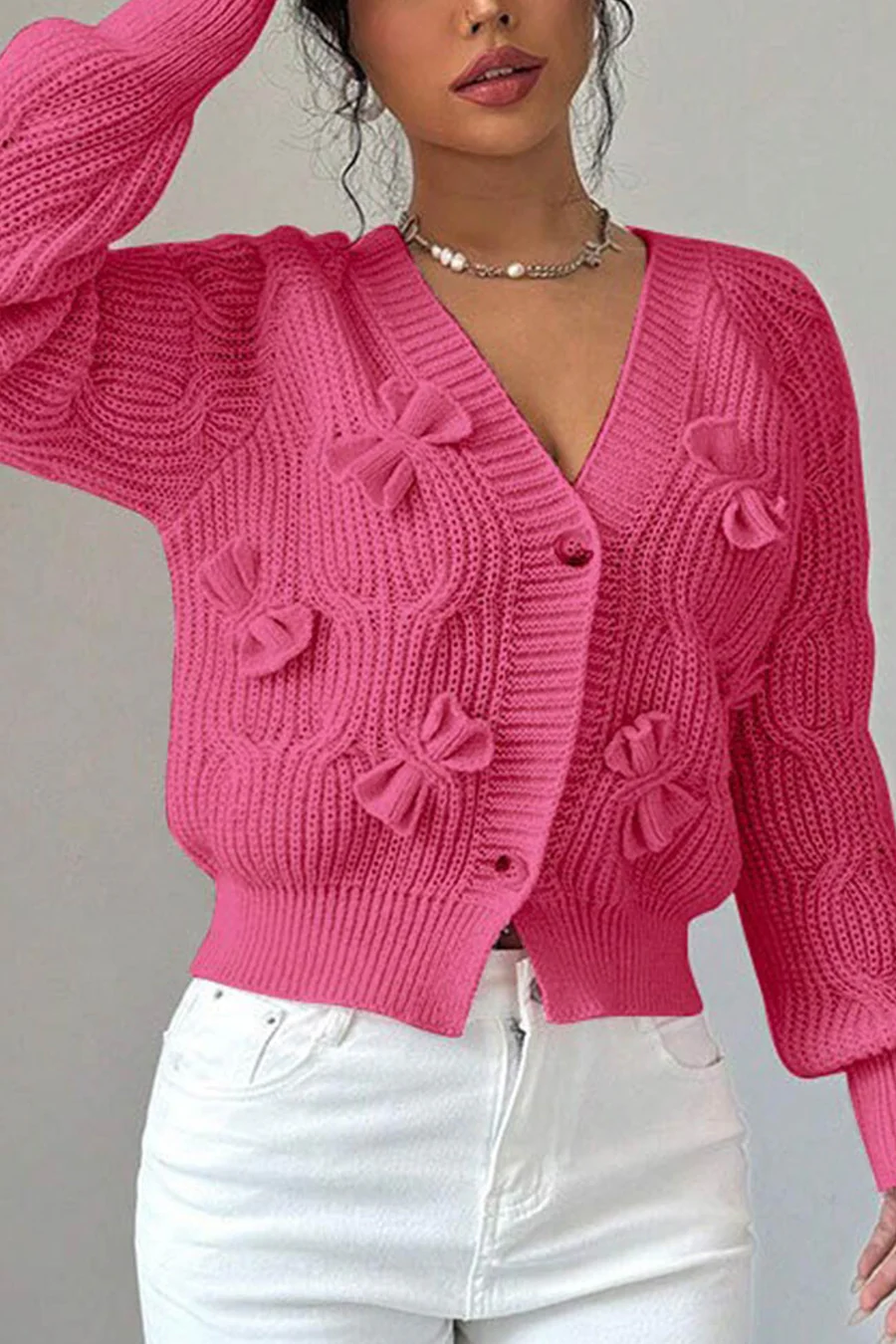 Bow Lantern Sleeve Button-down Cardigans