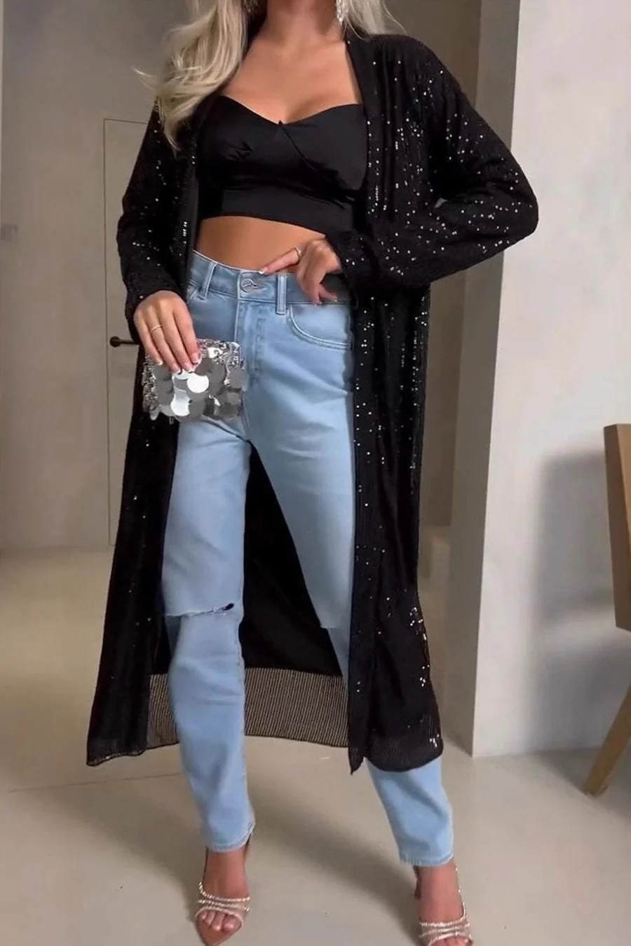 Sequin Long Sleeve Long Cardigans