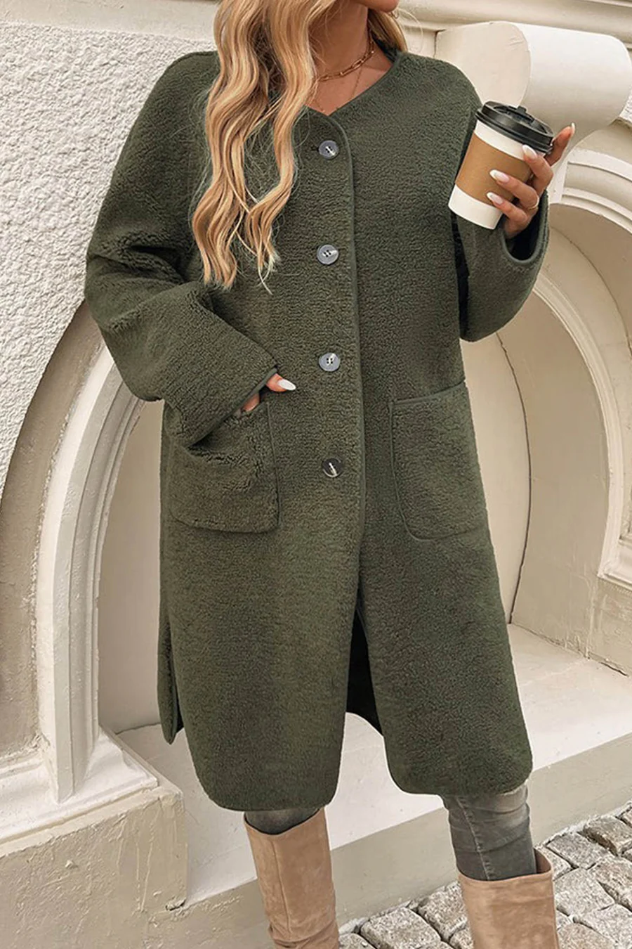 Plush Single-breasted Slit Cardigans