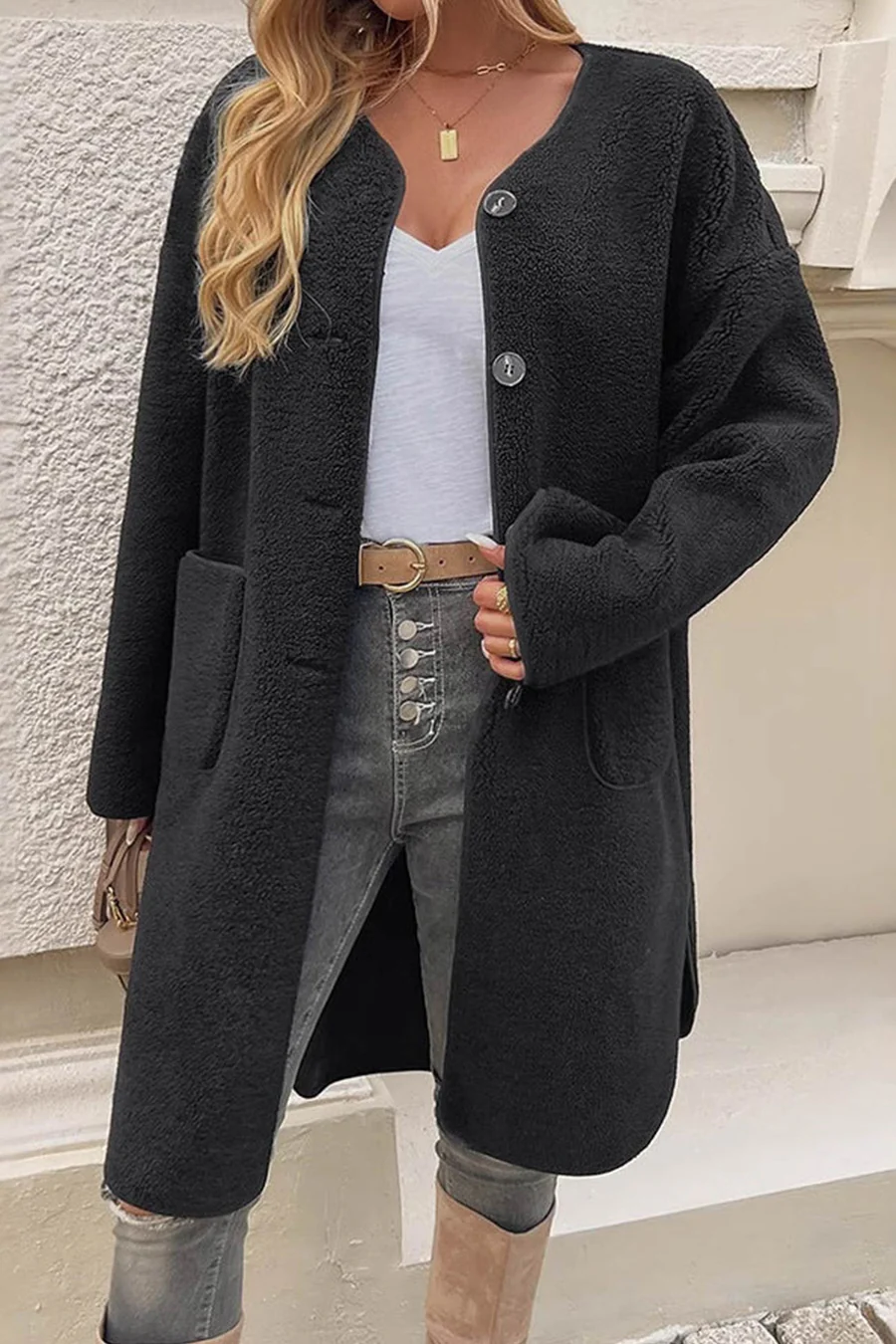 Plush Single-breasted Slit Cardigans