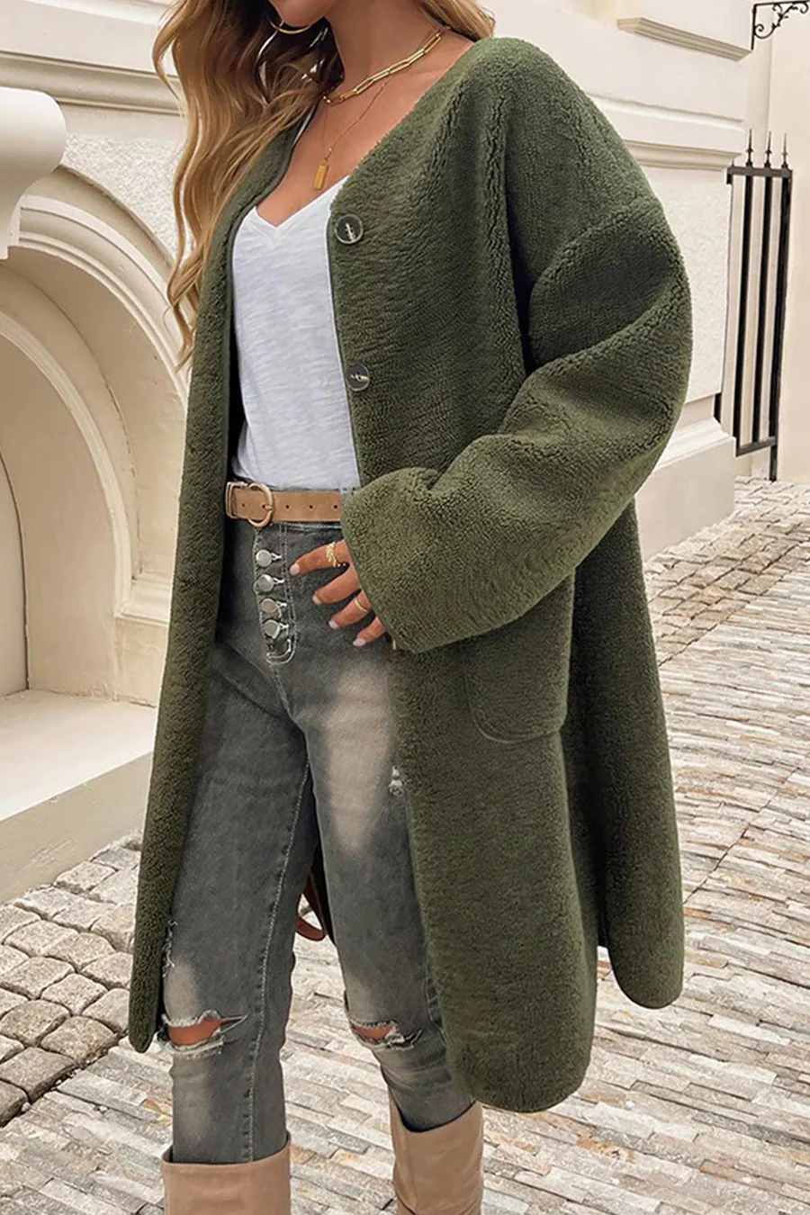 Plush Single-breasted Slit Cardigans