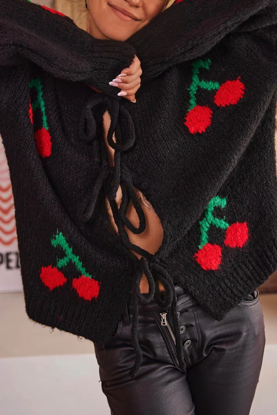 Cherry Jacquard Tie-up Cardigans