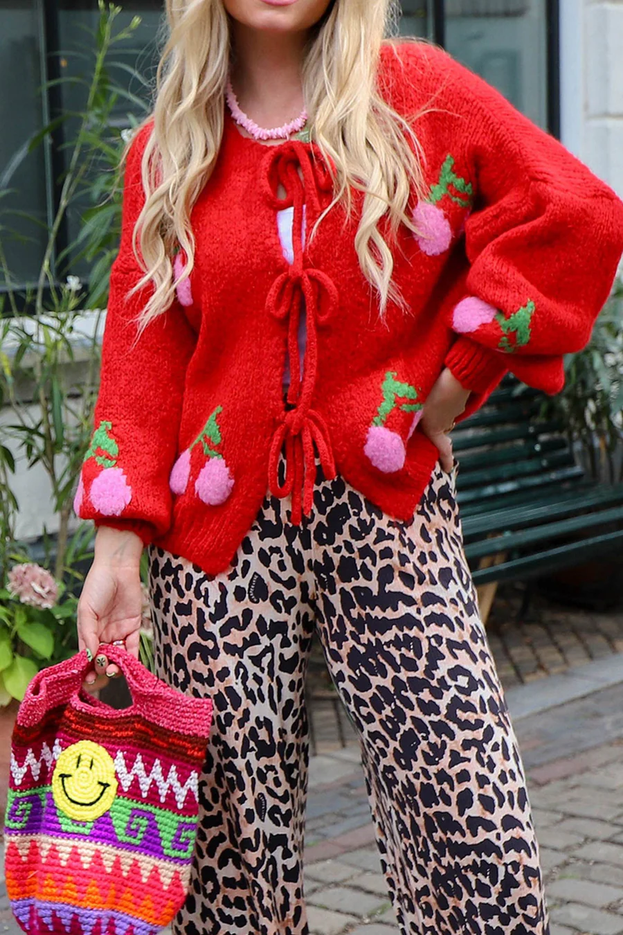 Cherry Jacquard Tie-up Cardigans