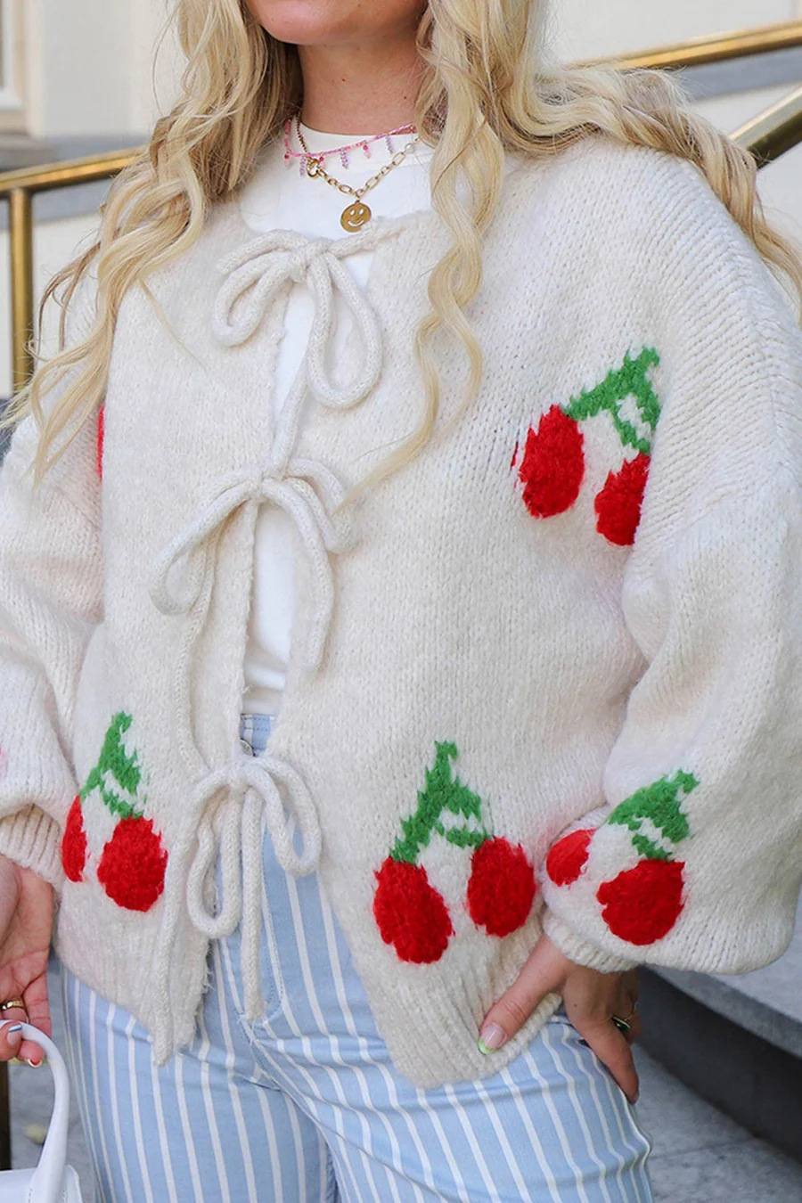 Cherry Jacquard Tie-up Cardigans