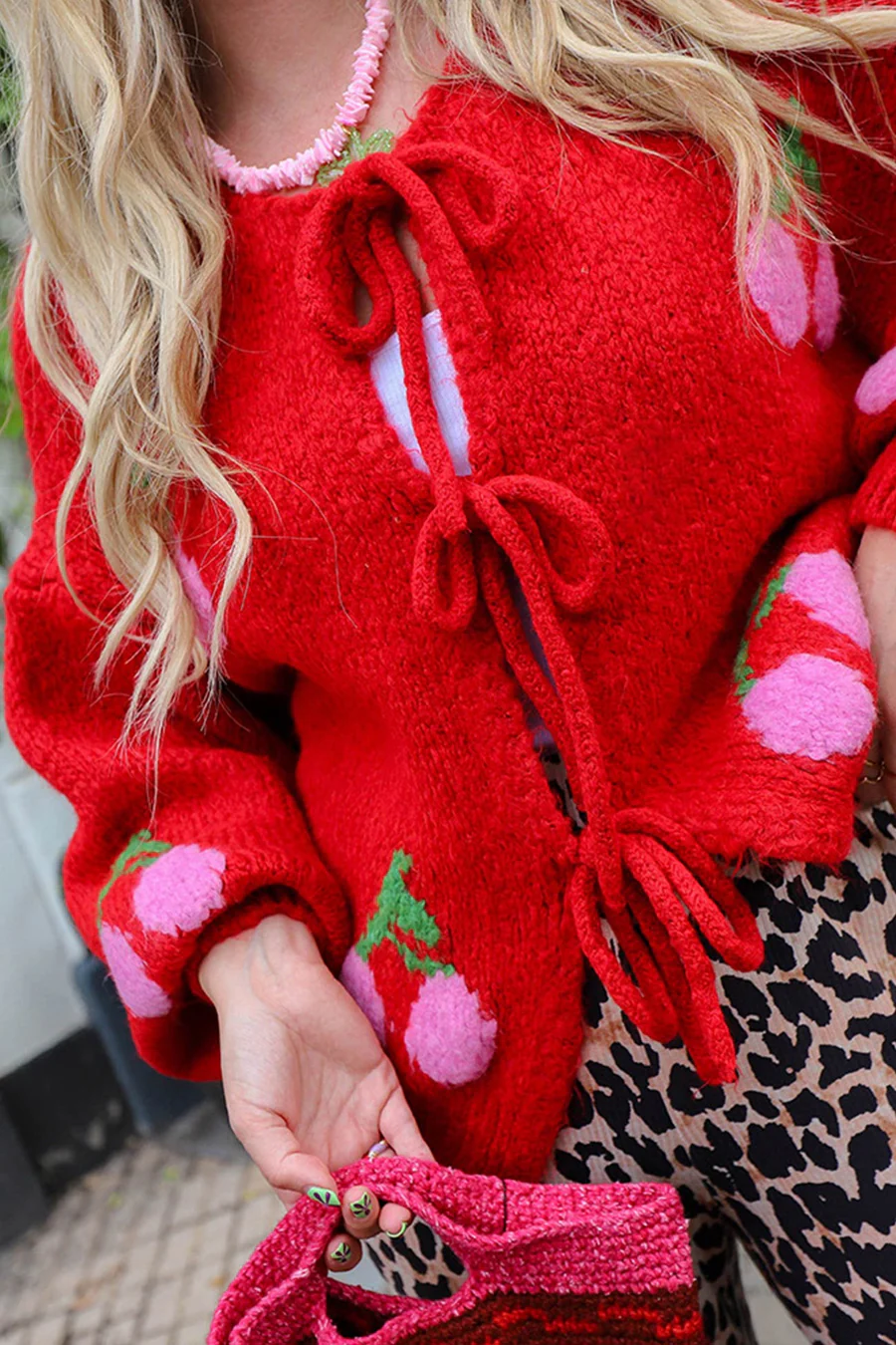 Cherry Jacquard Tie-up Cardigans