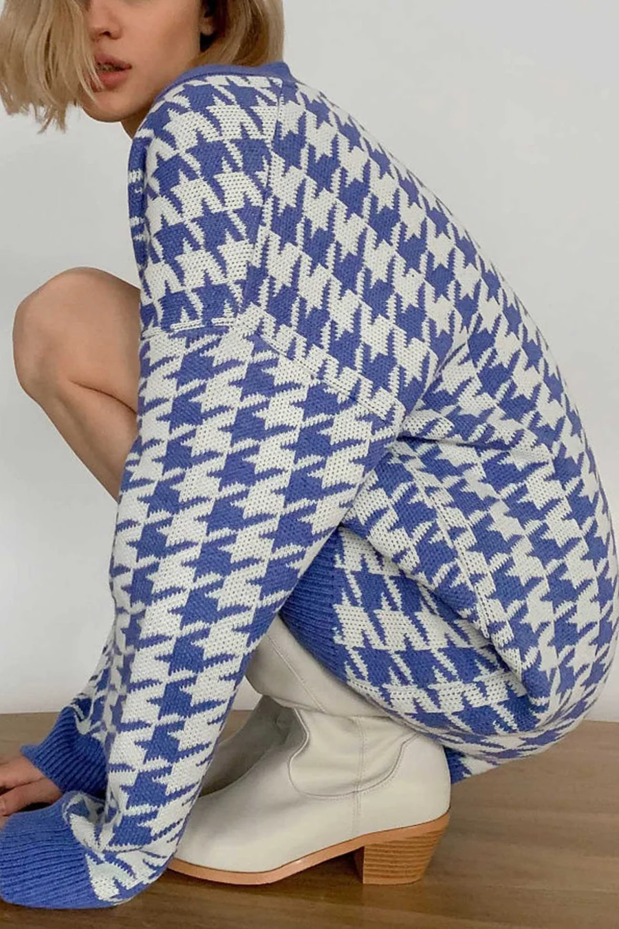 V Neck Houndstooth Contrast Mid-length Cardigans